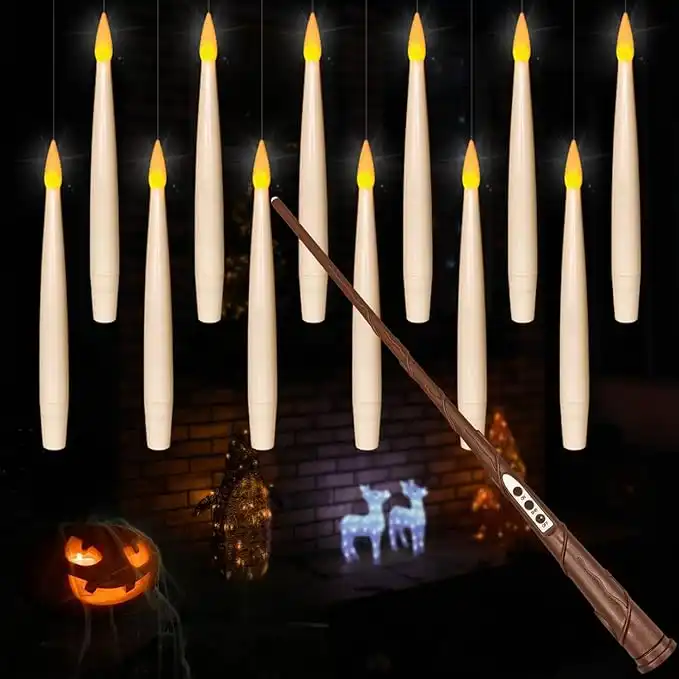 Leejec 20pcs Flameless Taper Floating Candles with Magic Wand Remote, Flickering Warm Light, Battery Operated